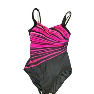 Pink and Black Striped One Piece Swimsuit Ruched Padded Women Size 10